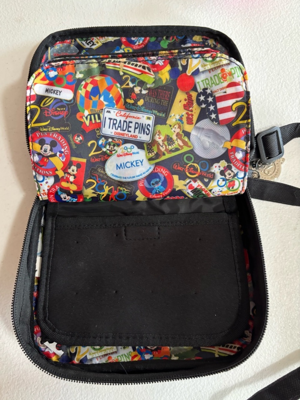 Disney Black Crossbody Bag with Mickey Pin Trading Patch and Red Piping - Picture 3 of 6